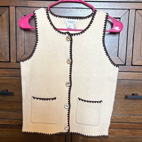 Song of Style Tops - Brand New Cream Knit Button Vest with Brown Trim
